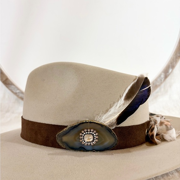 Brown Suede Hat Band with luxe Agate Crystal/ rhinestone center. - Picture 5 of 8
